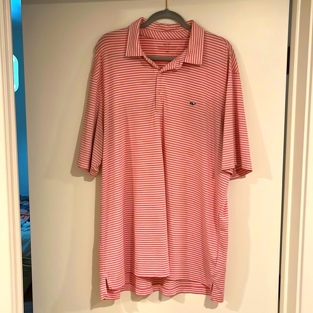 Pink and white striped vineyard vines performance polo
